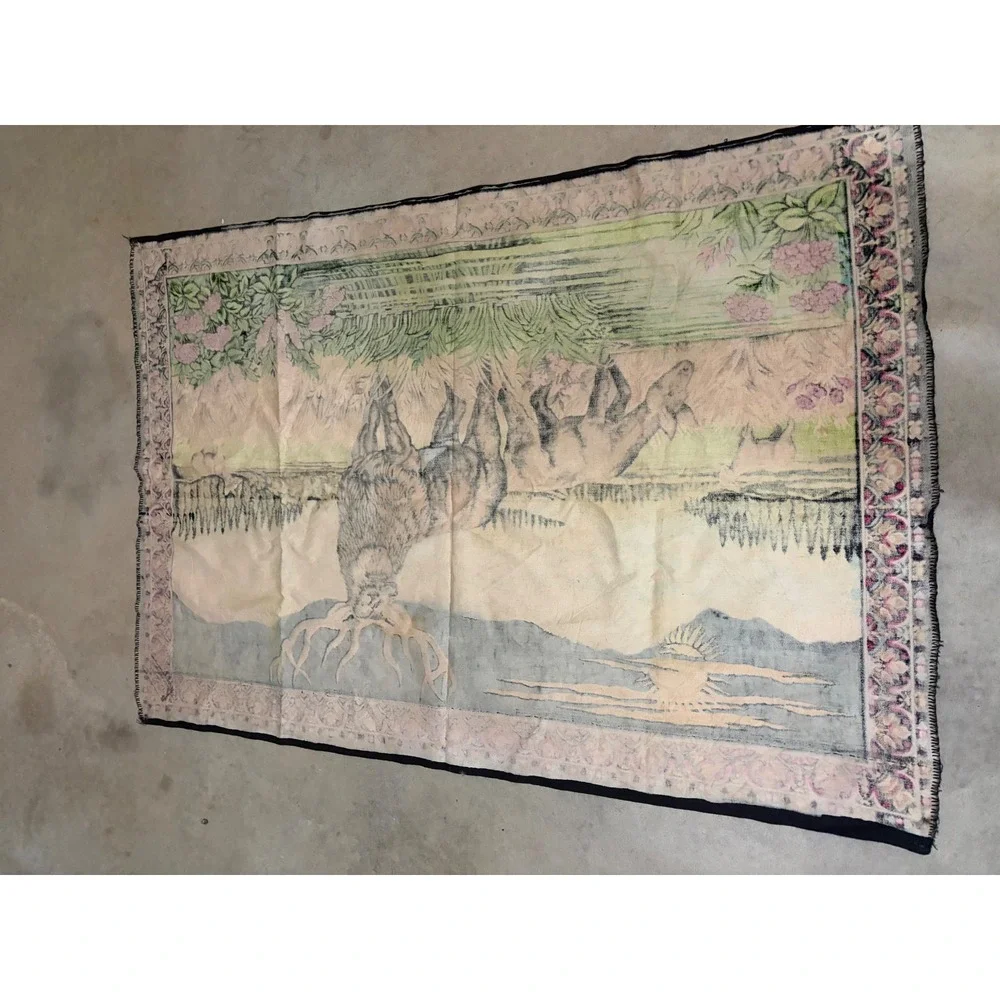 Vintage Elk Stag Mountain Landscape Wall Hanging Tapestry Rustic Cabin Wildlife